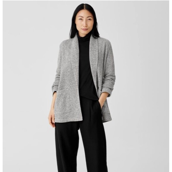 EILEEN FISHER Cardigan Medium Organic Cotton Shawl Collar Open Front Gray - Picture 1 of 12